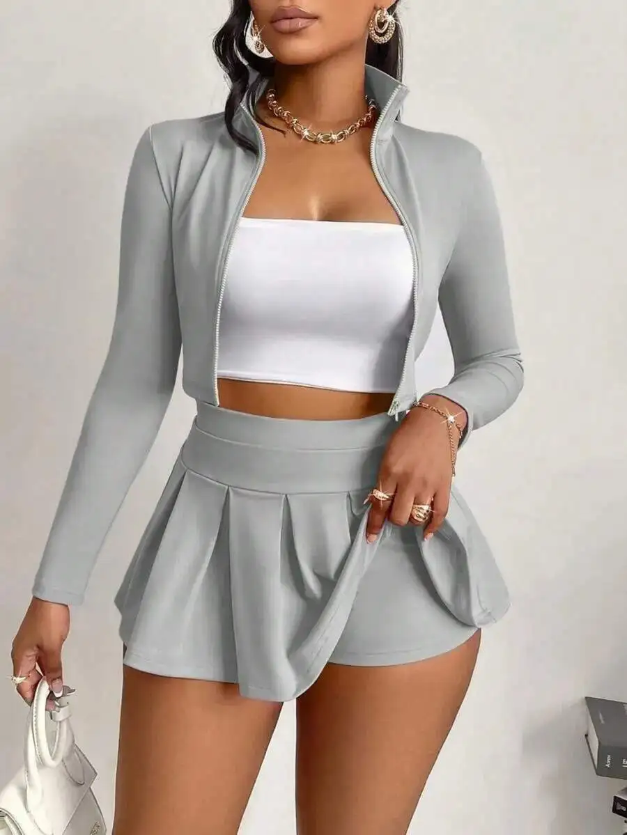 

Womens 2-Piece Set Zipper Crop Top And Pleated Skort Casual Elegant Outfit