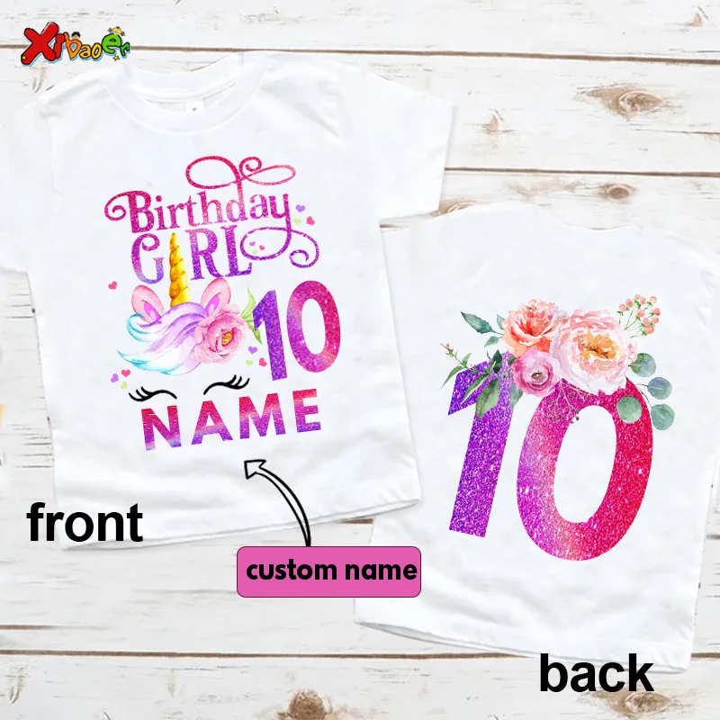 Unicorn Birthday Shirt for Girls Summer Custom Name Clothes Children Personalized Name Birthday Shirt for Teen Girls 10th Years