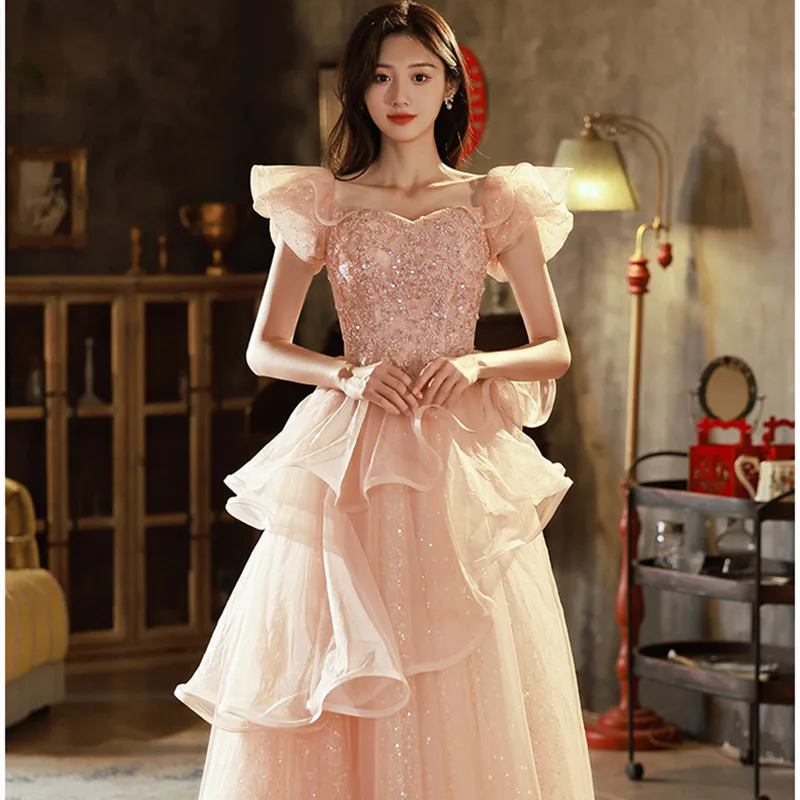 Elegant Square Collar Ruffles Sequins Back Bandage Chiffon A-Line Evening Dress Women Formal Gowns Robe De Soiree Cheongsam