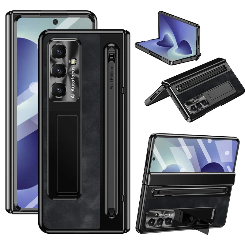 Leather Bracket Pen Slot With Stylus Case For Samsung Galaxy Z Fold 8 Ultra 7 6 5 4 5G Glass Screen Hinge Protection Cover