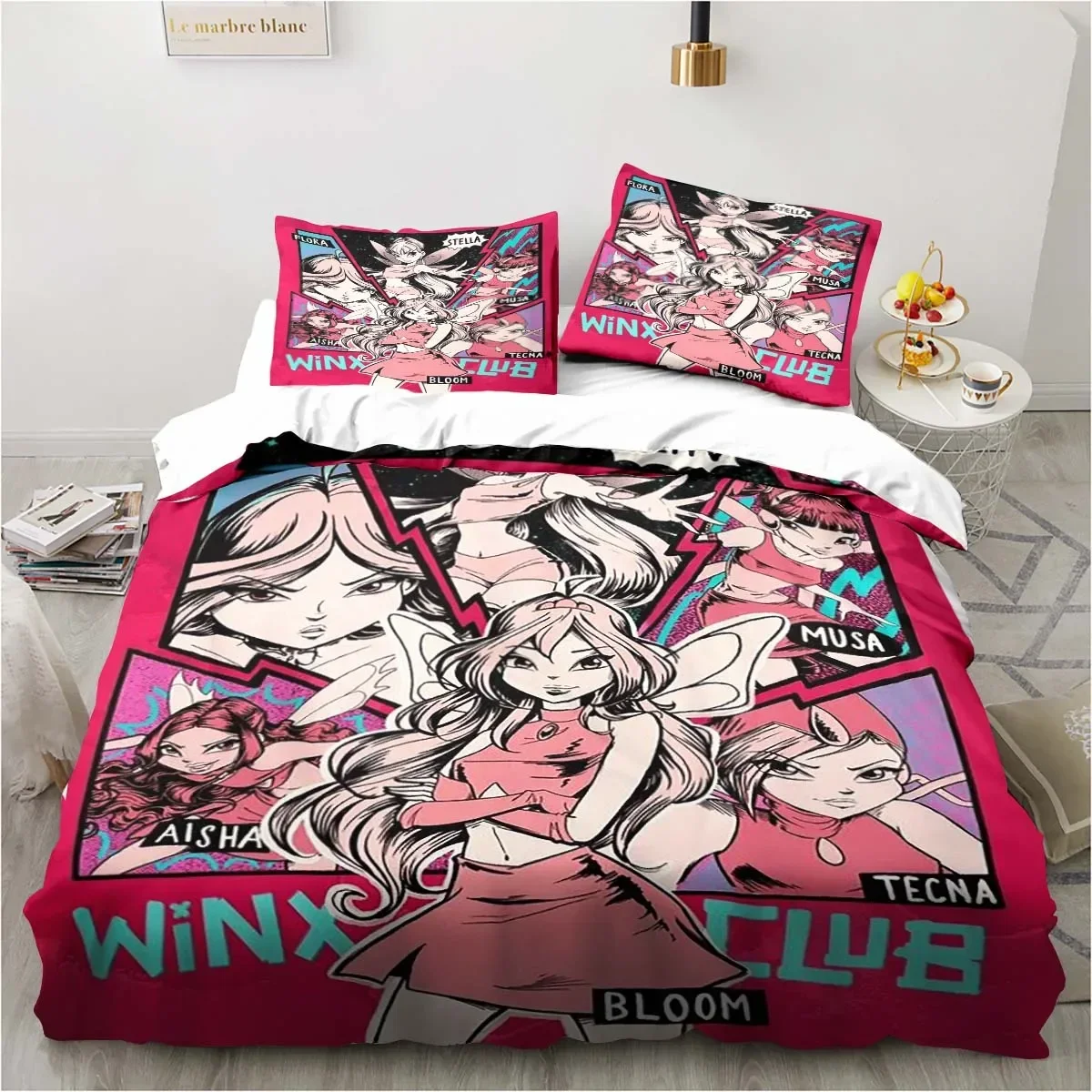 

3PC Winx Anime Kawaii Bedding Set Printed Duvet Cover Bedding Set Comfortable Breathable Luxury Sheet Cotton Bedding