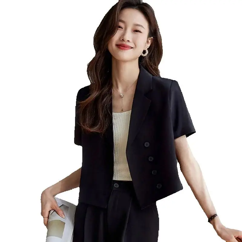 

Summer Women Business Suit Elegant Lady Suit Set Single Breasted Short Sleeved Blazers Coat High Waist Pants Formal Office Wear