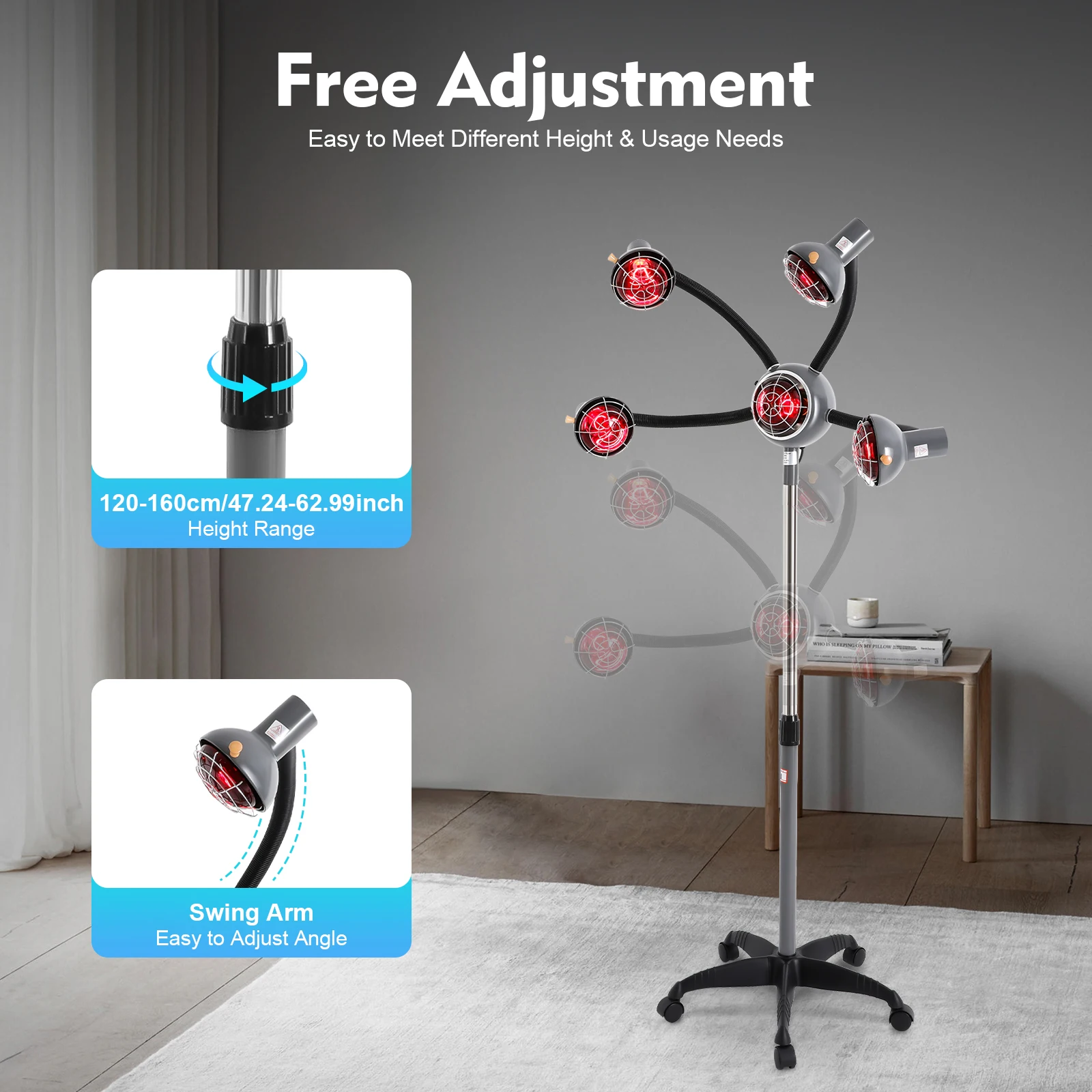 

750W 5 Head Infrared Light Heat Therapy Red Lamp Salon Hair Steamer Perming Dyeing Adjustable Height Machine with Rolling Wheels