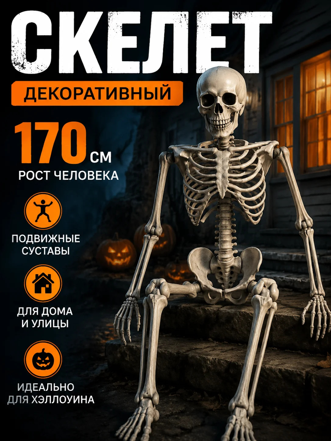 Large Halloween skeleton 170 cm with movable joints decorative figure for home parties and photo booths