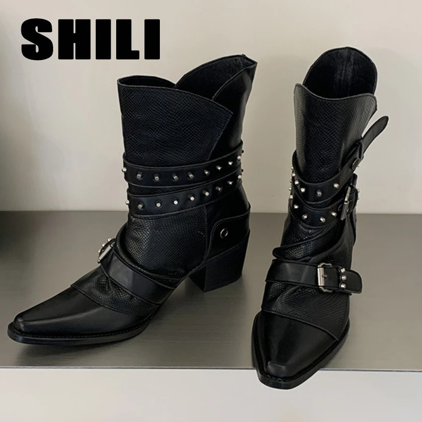 Botas Feminina Ankle Boots for Women's Pointed Toe Low Square Heel Short Boots Studded Straps Buckle Decor Motorbike Booties