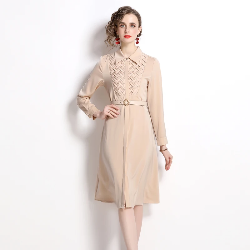 

New Spring Autumn Women Turn-down Collar Long Sleeve Belt Slim Dress High Quality Fashion Patchwork Elegant Apricot Dress