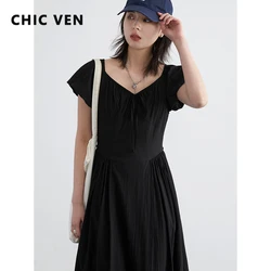 CHIC VEN Women‘s Dresses Loose Solid Casual New V-neck Bubble Short Sleeved Female Dress Pleated Long Skirt Summer 2024