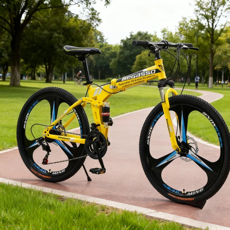 

Adult Folding Mountain Bike High Configuration Three-Knife Wheel Yellow Variable Speed Cross-Border Wholesale
