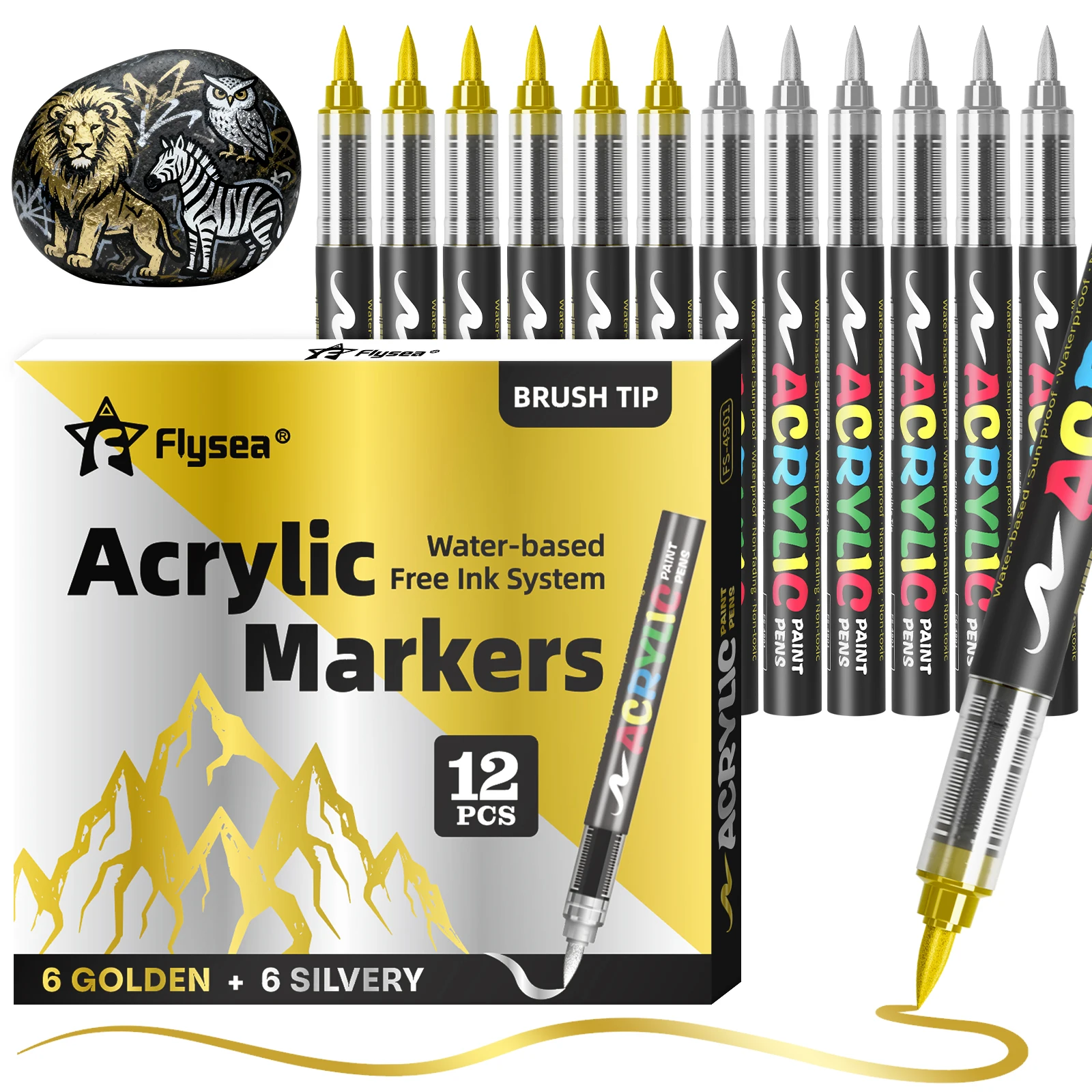 12-Pack (Gold, Silver, Black, White) Direct Liquid Acrylic Paint Marker Pens, Paint Markers, Felt-Tip Pens Stationery Set, Art Painting, DIY Crafts