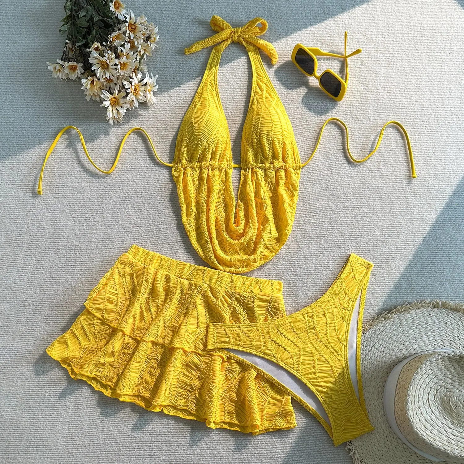 Sexy simples halter conjuntos de biquínis 3 pçs com mini saia volta gravata maiôs maiô praia outfits biquini tankini trikini