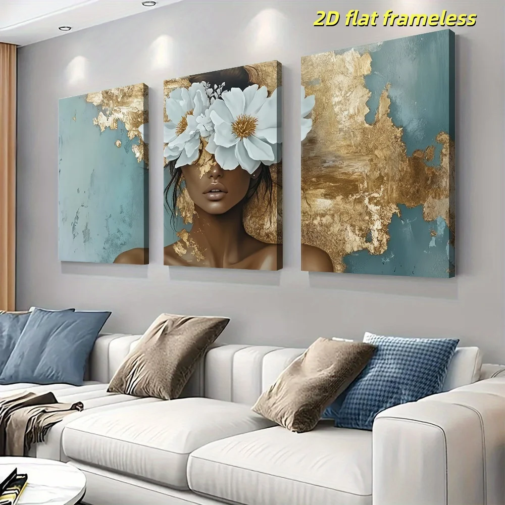 3-piece set of modern minimalist abstract gilded blue canvas posters, living room, foyer, bedroom, study Nordic style home wall