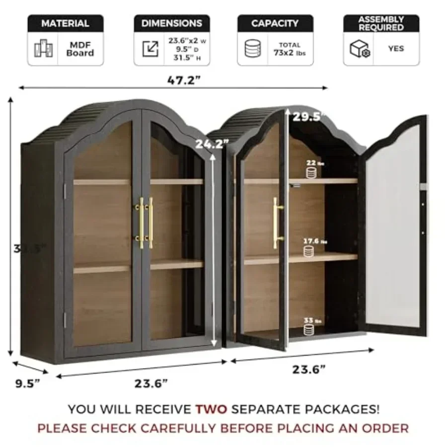 Bathroom and Kitchen Wall Cabinet with Wave Design Arch, Tempered Glass Doors, Adjustable Shelf, Above-toilet or Bookshelf Use,