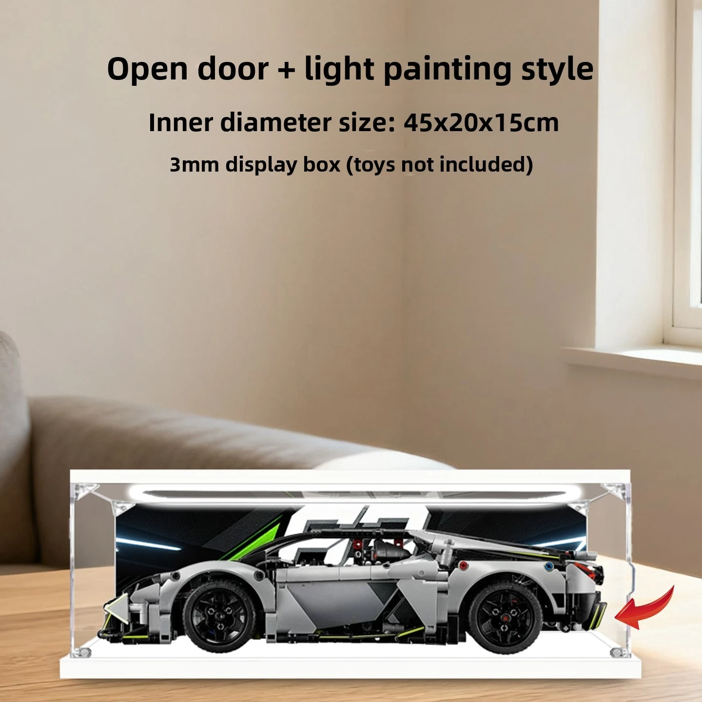 Suitable for LEGO Machinery 42214 supercar with lighted acrylic display storage box that can open the door