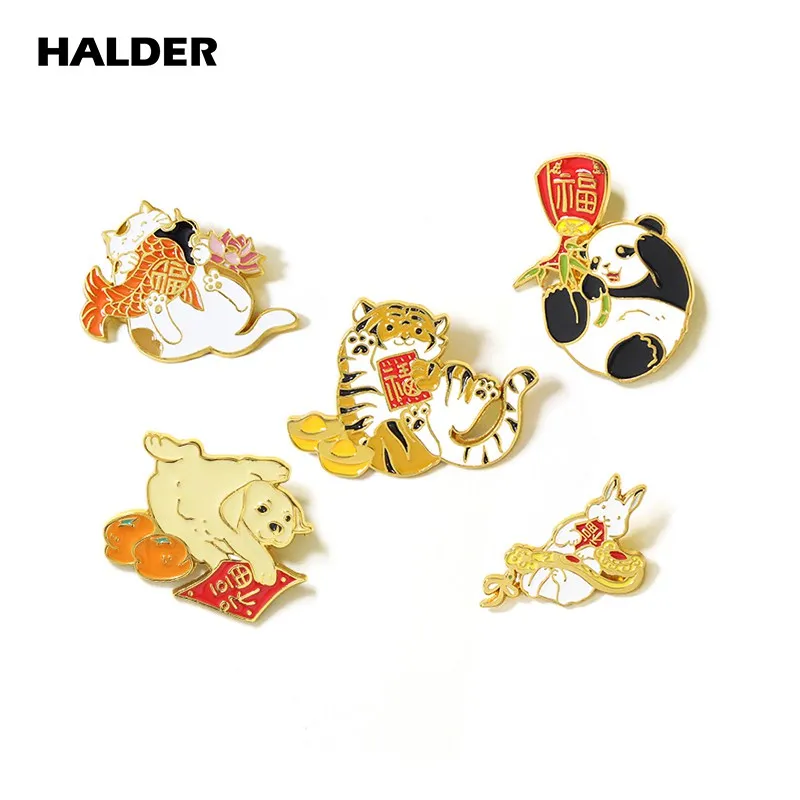 HALDER Good Luck Dog Tiger Panda Cat Rabbit Pin Mascot Brooch Cute Animals Badge Lapel Pin Backpack Clothes Costum Jewelry