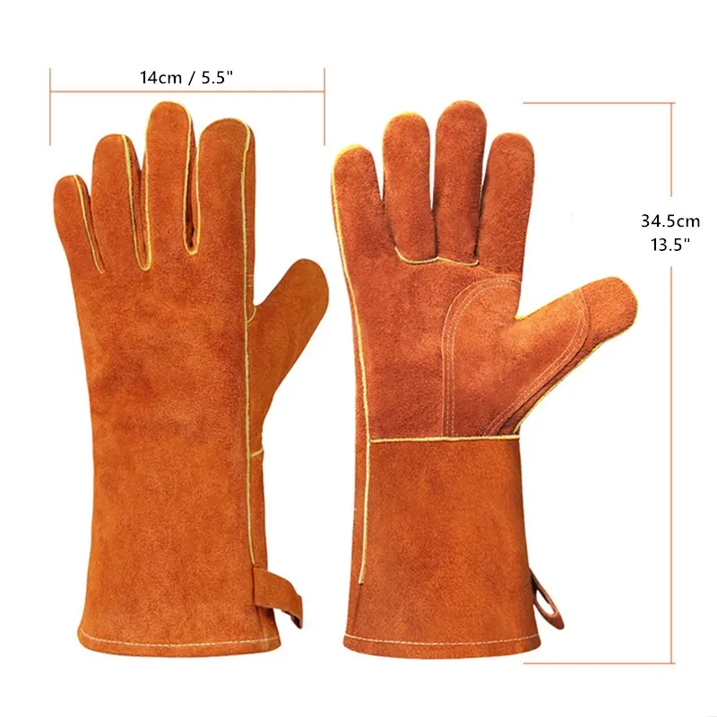 Brown Cowhide Leather BBQ Grill Gloves Heat Resistant Cooking Baking Oven Mitten Florist Gardener Electrician Hard Work Gear G11