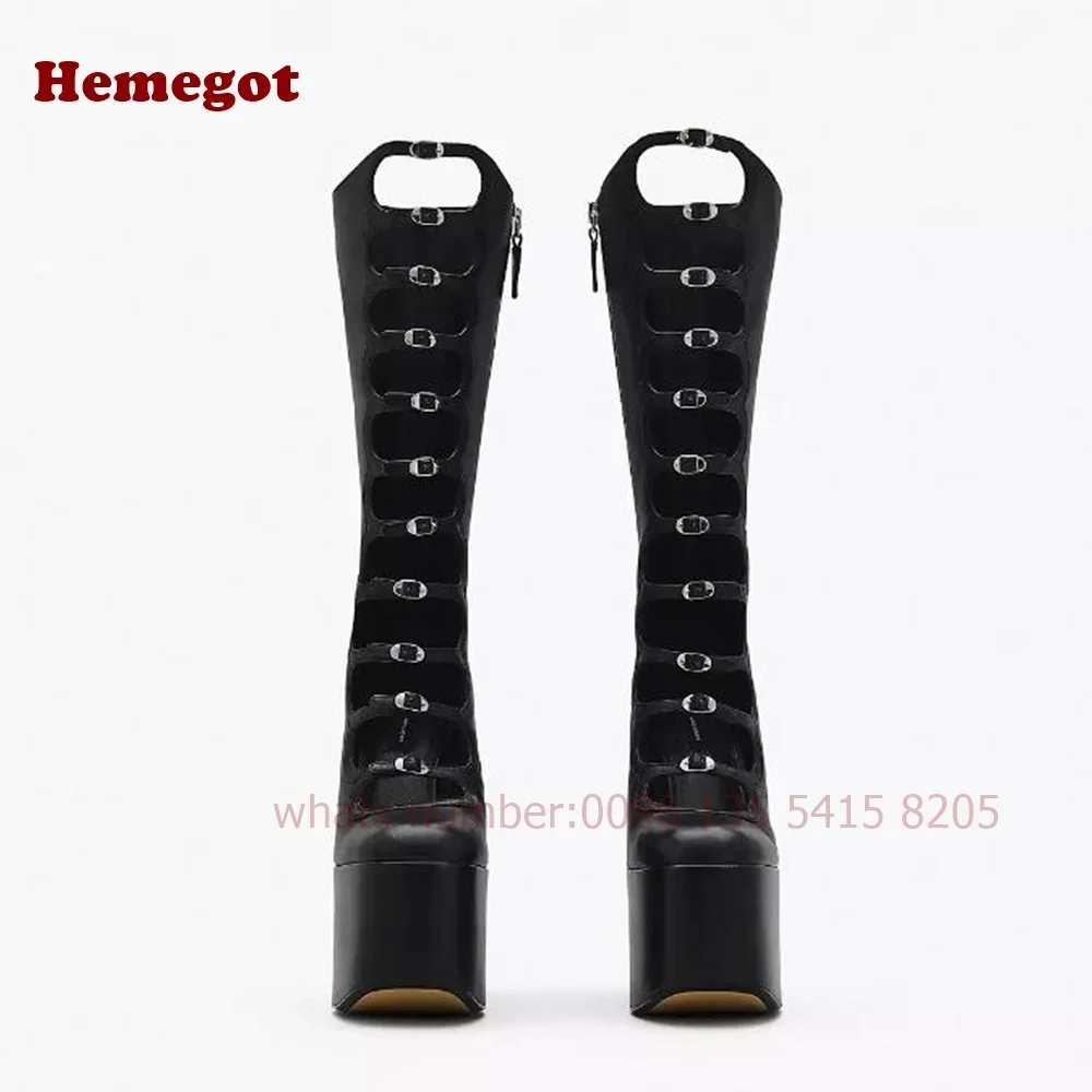 Platform Cut-Out Buckle Sandals Round Toe Side Zipper Lolita Women\'s Sandals Chunky Heels Black Solid Cute Runway Shoes Sexy