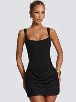 Solid Pleated Hem Sling Mini Dress Women Elegant U-neck Sleeveless Backless Bandage Slim Dresses Summer Evening Club Party Gown - Image 5