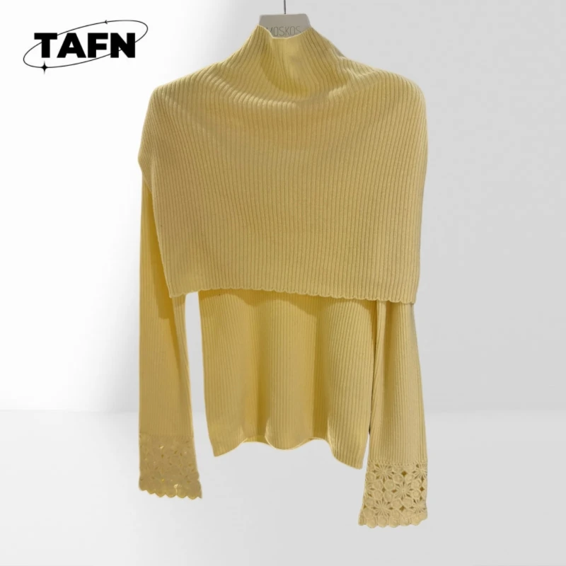 Real wool  French Chic Women Turtleneck Knit Shrug Two‑Piece Set Ribbed Texture Floral Cuff Slim Office Lady Layering BH1604