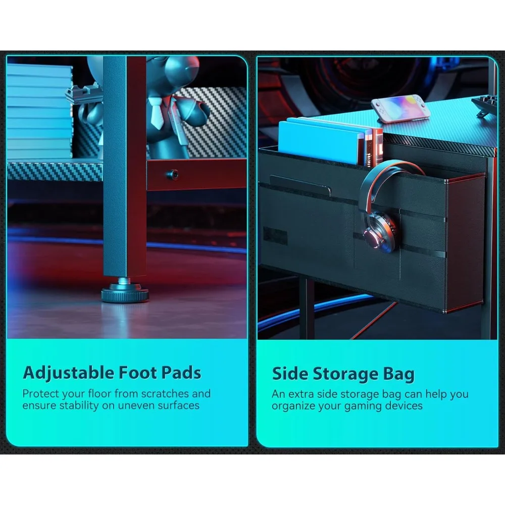 Gaming Desk 48 Inch Small L-Shaped with Power Outlets, Corner Desk, Reversible Shelves, and PC Stand for Small Spaces