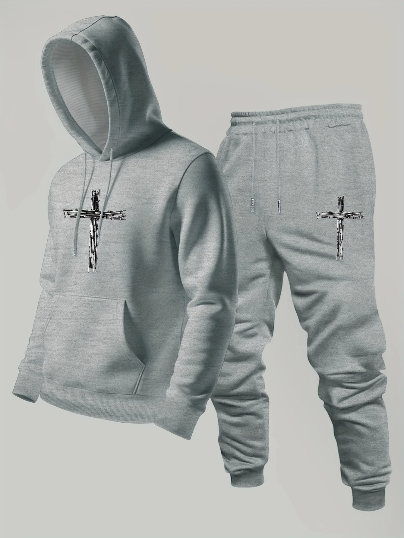 2026 Men Gothic Barbed Wire Cross Print Hoodie & Sweatpants Two Piece Set Oversized Streetwear Casual Tracksuit Sport Suit view 5