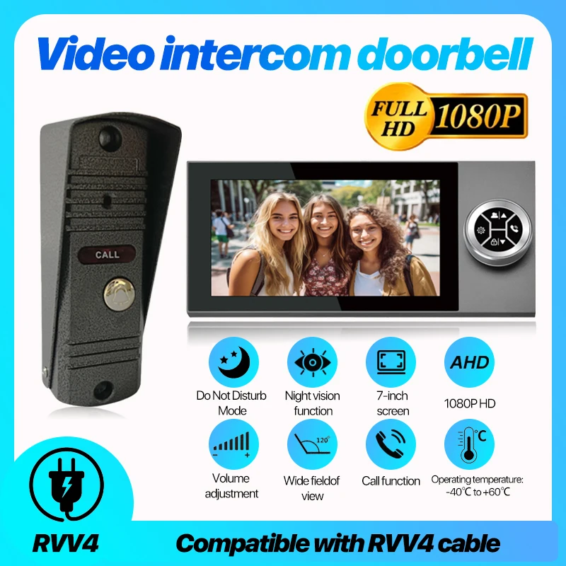 

7 Inch 1080P AHD Wired Video Intercom Door Phone 120° Wide Angle Night Vision 2way Audio Waterproof for Apartment Building