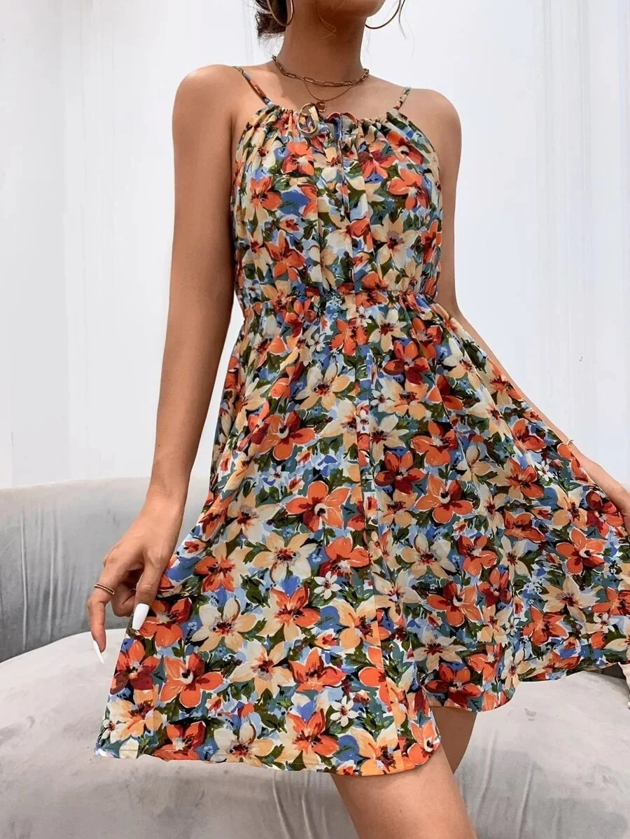 

New Sexy Floral Print Short Dress Women Summer Fashion Backless Beach Sundress Casual Sleeveless Lace-up Dresses Y2k