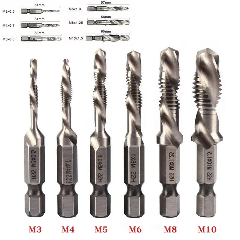 6Pcs Tap Drill Bit Set Hex Shank HSS Screw Thread Bit Machine Compound Tap Hand Tool M3 M4 M5 M6 M8 M10 Metric Thread Drill Bits