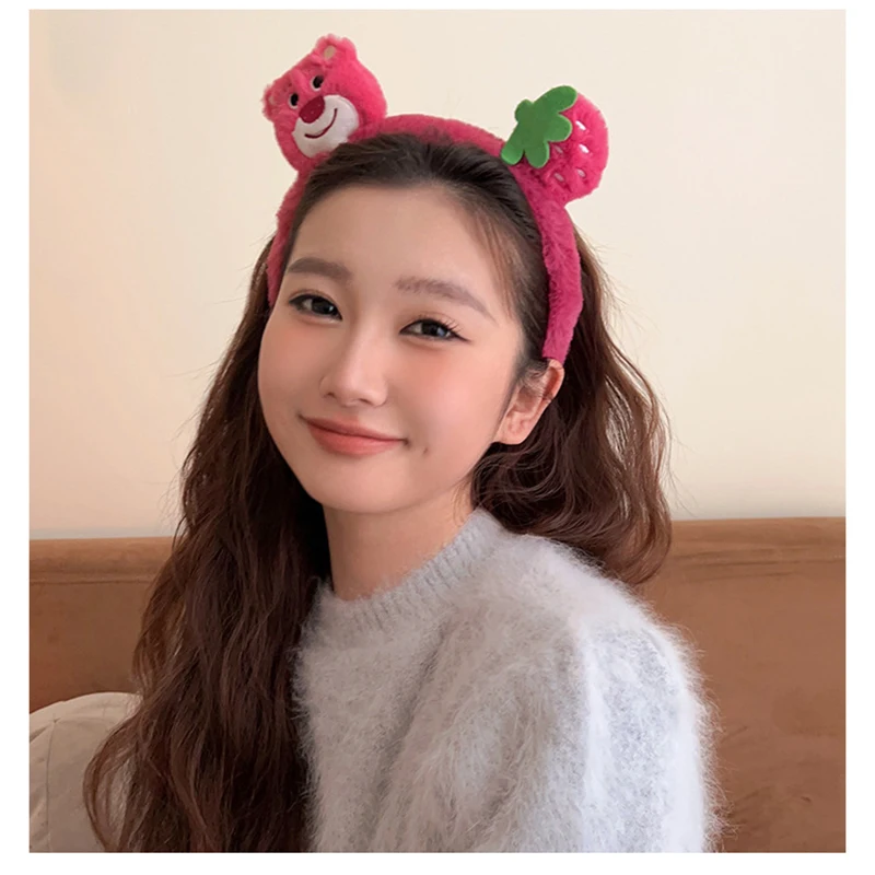 Disney Pink Lotso Series Ears Headband Women Cute Soft Strawberry Bear Wash Face Hairclips Girls Birthday Party Hair Accessories