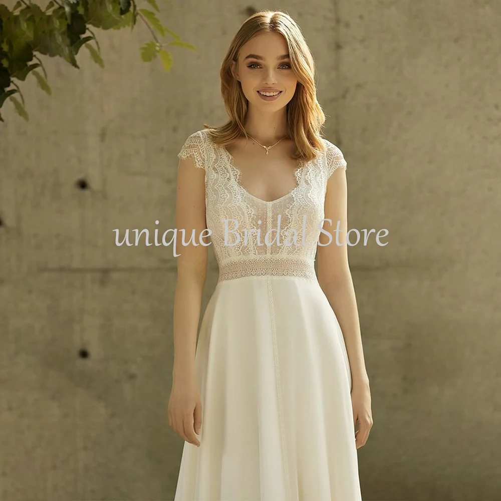 UETEEY Elegant Chiffon Wedding Dresses Lace Cap Sleeves With Button V-Neck Robe De Mariée 2022 Coreset A-Line Bridal Gowns