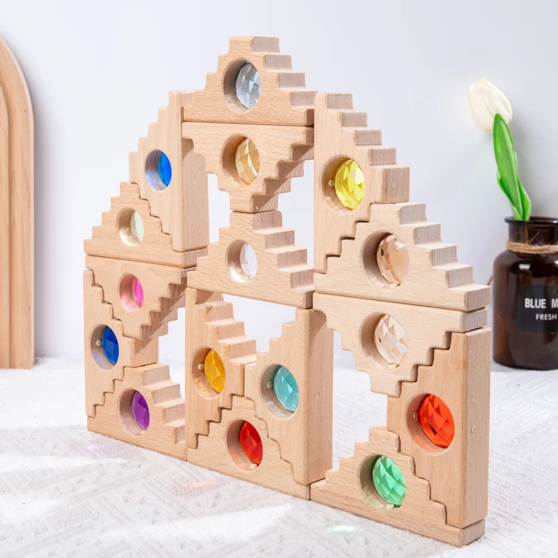 Gemengde Rainbow Gem Acryl Houten Blokken Kinderen Lucite Cubes Zintuiglijke Gebouw Speelgoed Licht En Schaduw Stapelen Speelgoed