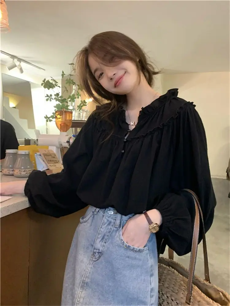 Blouses Women Sweet Autumn All-match Pure Color Stylish Preppy Style Schoolgirl Tender Blusas Casual Harajuku Basic Chic Retro