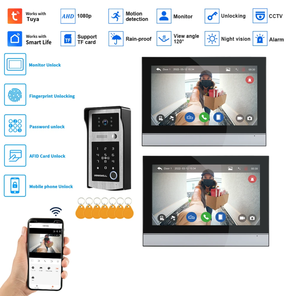 

5in1 Unlock Security Protect Video Intercom Doorphone Touch Screen with Wired Doorbell 1080P Password Fingerprint Card Swipe