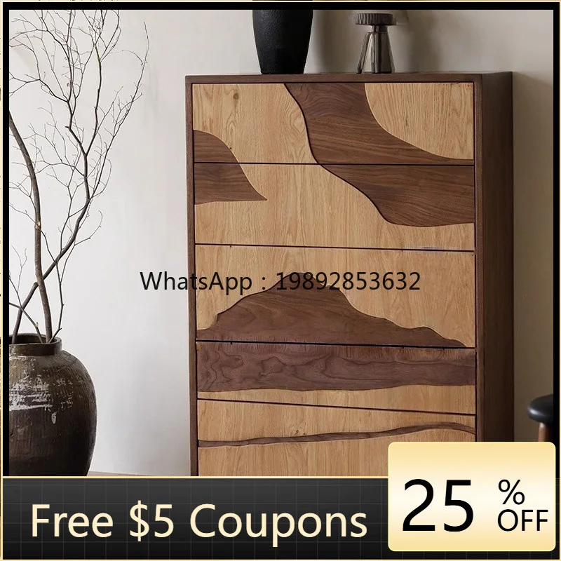 

LYY Vintage Style Black Walnut Solid Wood Five-Drawer Living Room Wall-Mounted Entryway Bedroom Bedside Storage Organizer