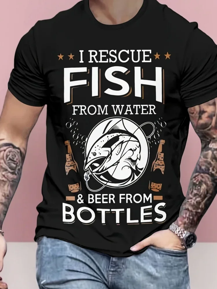 Modisches Herren 3D Angeln Bier Muster Print T-Shirt Lustiges Lässiges Kurzarm-Oberteil Trendiger Street-Style Männerkleidung