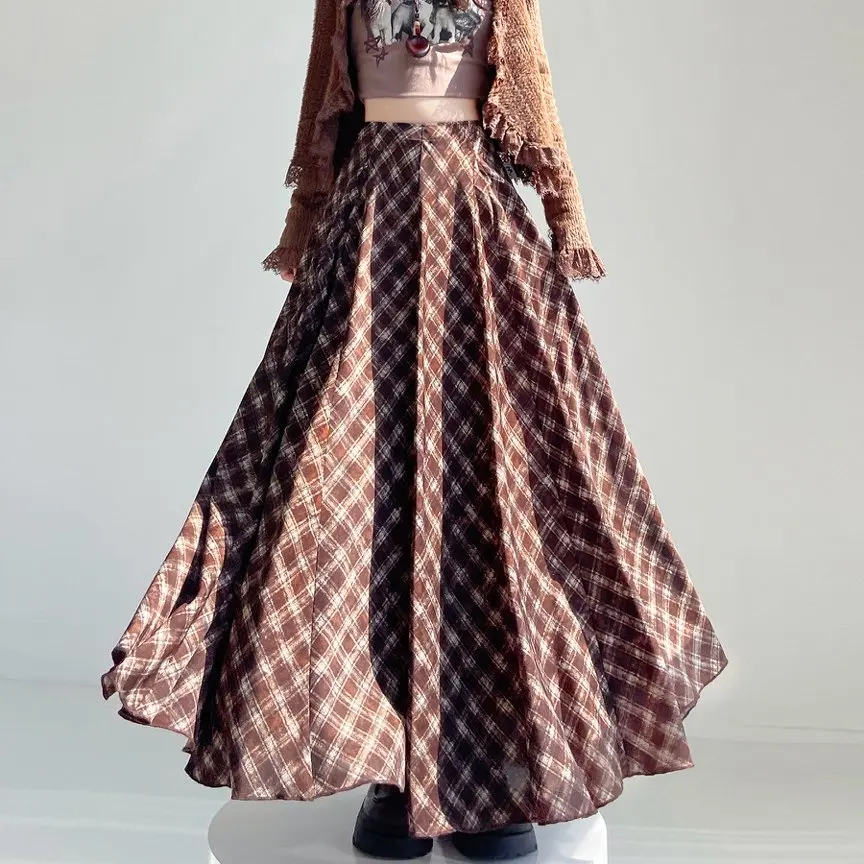 Qiukichonson French Chic Vintage High Waist Plaid Skirt Women Spring Autumn A-Line Midi Long Maxi Skirts Coffee