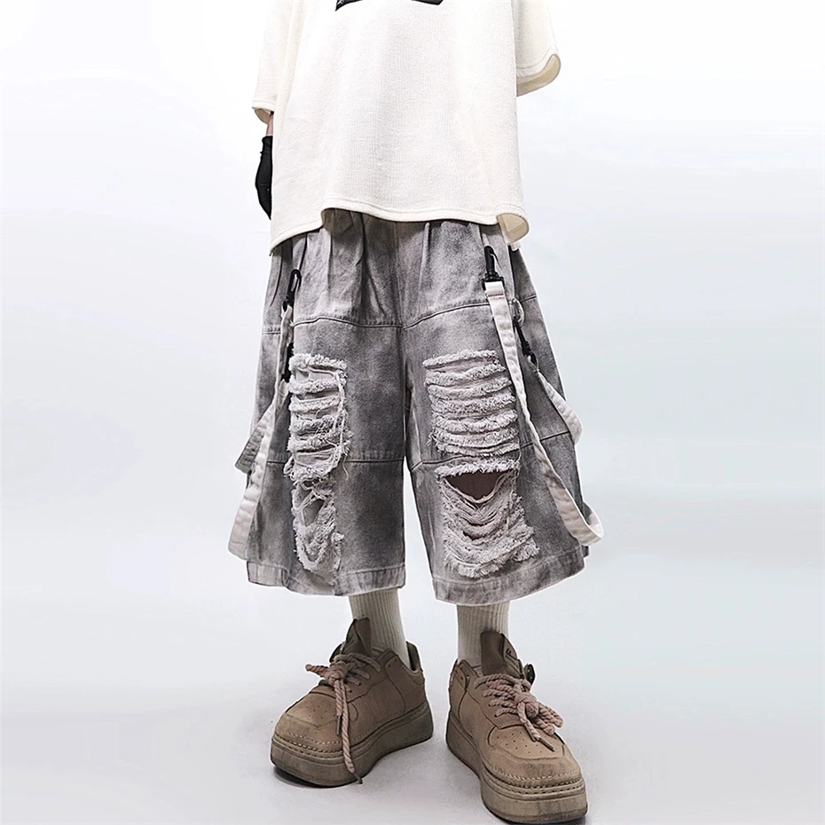 Ripped Hole Denim Shorts Mens Streetwear Hip Hop Knee Length Pants Harajuku Vintage Baggy Casual Wide-leg Jeans Short Male