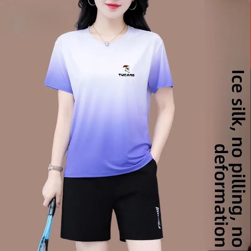 

Tucano Ice Silk Qui Dry Спортивный комплект Женский летний новый беговой костюм средней природы для мамы, комплект из двух предметов в Корейском стиле, свободный крой