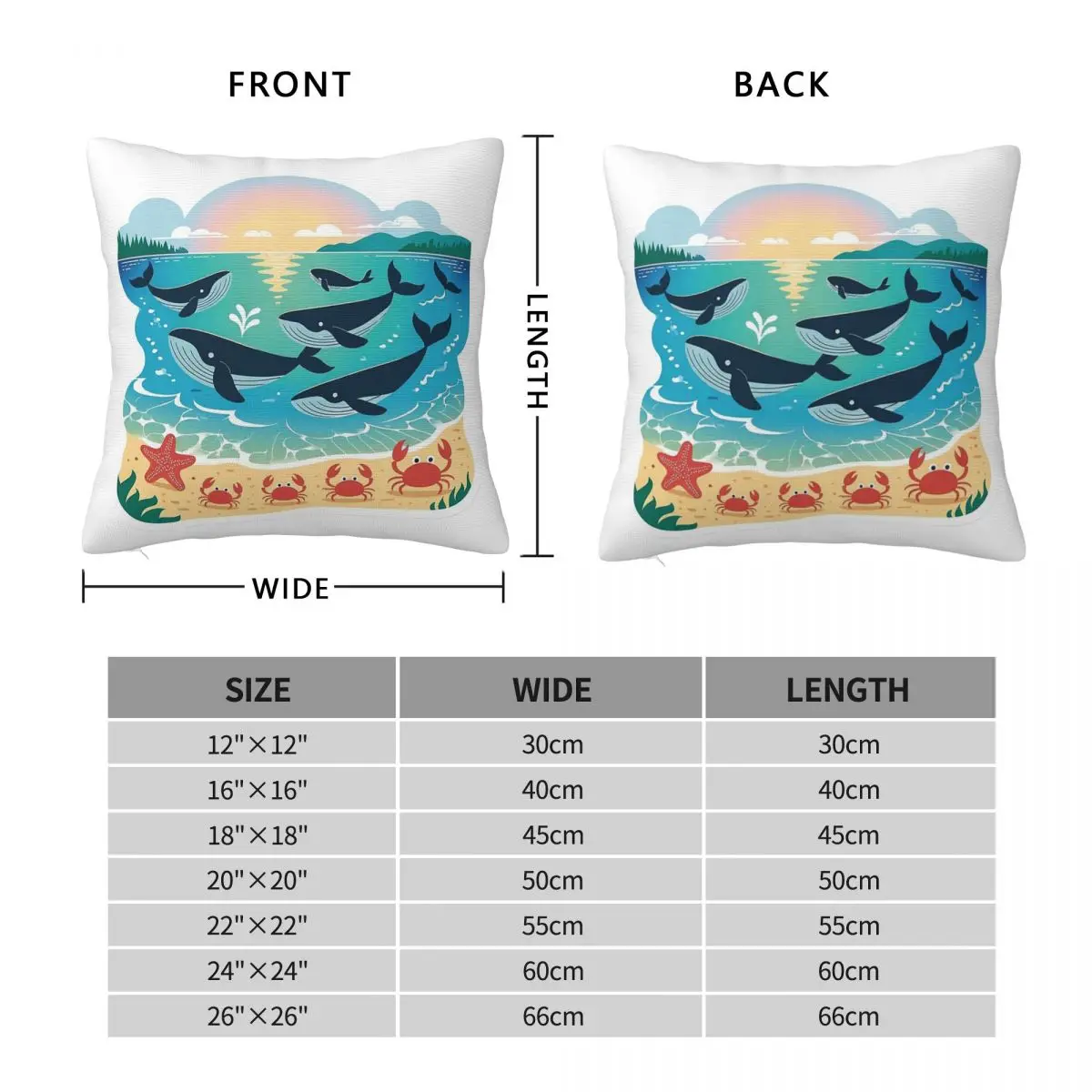 Sunset Whales Starfish Crab Square Pillowcase Polyester Linen Velvet Pattern Zip Decorative Throw Pillow Case Room Cushion Cover