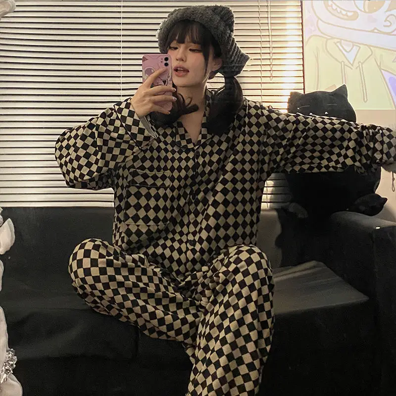 Couple Casual Sleepwear Women\'s Lounge Long Sleeve Top and Plaid Pants Soft Pajamas Comfortable Fashion Couple Home Suit