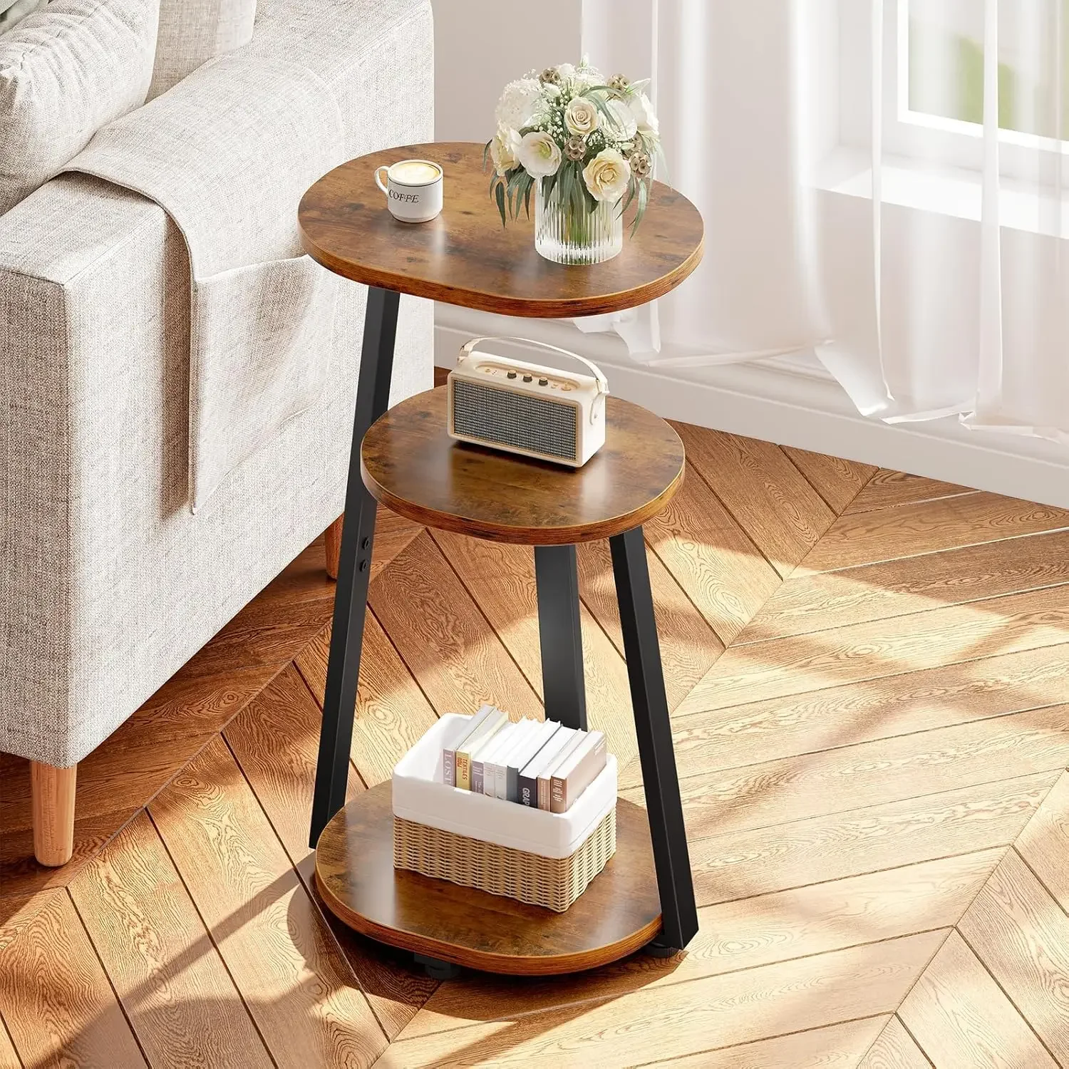 

Small End Table with Metal Frame, 3-Tier Bedside Tables, Round Side Tables for Living Room Bedroom Couch Bathroom, Oval
