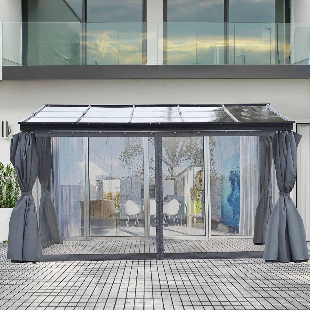 

10' x 13' Outdoor Patio Gazebo with Sloping Polycarbonate Roof, Durable Aluminum Frame & Netting Curtain