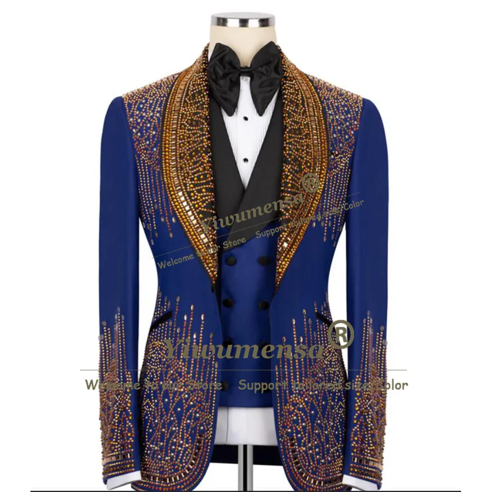 Luxury Gold Beaded Stones Men's Suits For Wedding Shawl Lapel Jacket Vest Pants 3 Piece Sets Man Banquet Attire Plus Size Outfit
