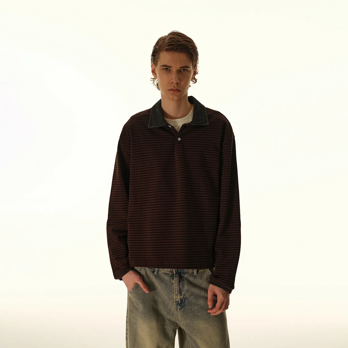 2025 nova moda outono masculino cor sólida turn-down colarinho manga longa botão pulôver camisetas masculinas casuais na moda