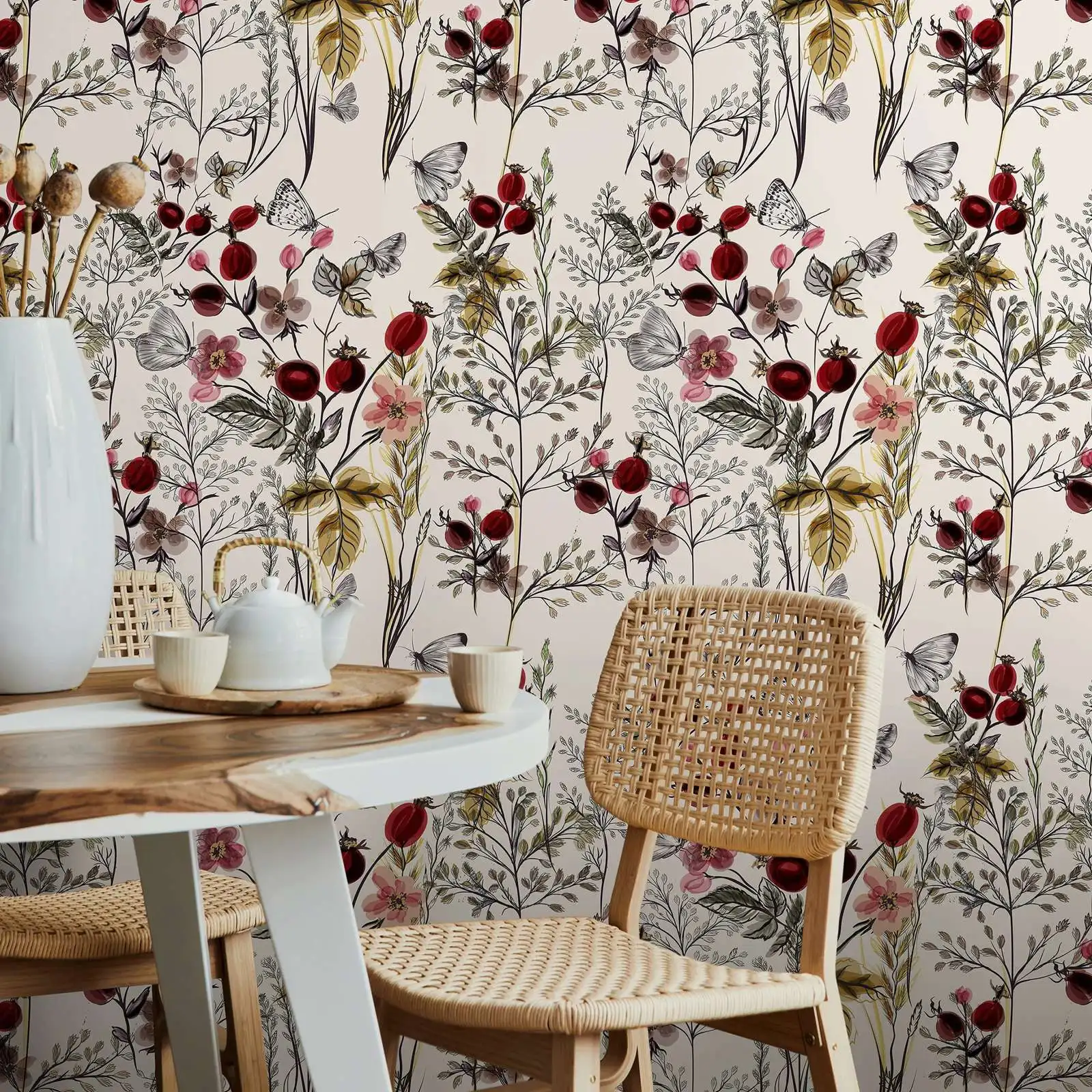 Vintage Botanical Wallpaper Peel and Stick,Red Berry & Butterfly Wall Mural,French Country Home Decor,Self-adhesive /Traditional