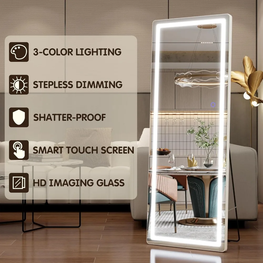 LED Full Length Mirror, montado na parede, pendurado com luzes, regulável e 3 cores de iluminação, free standing iluminado piso espelho