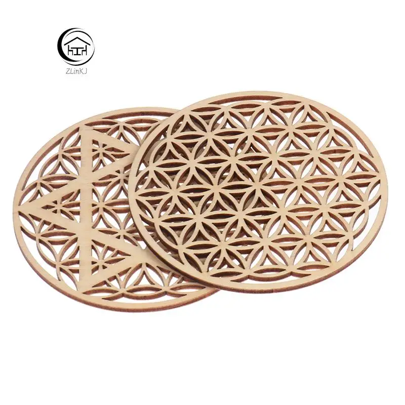 1PC Chakra Flower of life Natural Symbol Wood Round Edge Circles Carved Coaster For Stone Crystal Set DIY Decor New