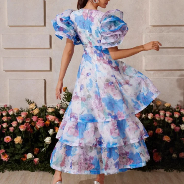 2025 جديد Ladylike الثقيلة العمل الخامس الرقبة ثوب مسائي كعكة تنورة تصميم مطبوعة تكدرت كم فستان طويل #3