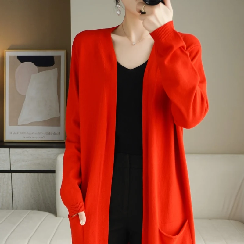 23Autumn Winter New Woolen Sweater Women's Long Sleeve Loose Medium Length Simple Temperament Solid Color Knitted Cardigan Shawl