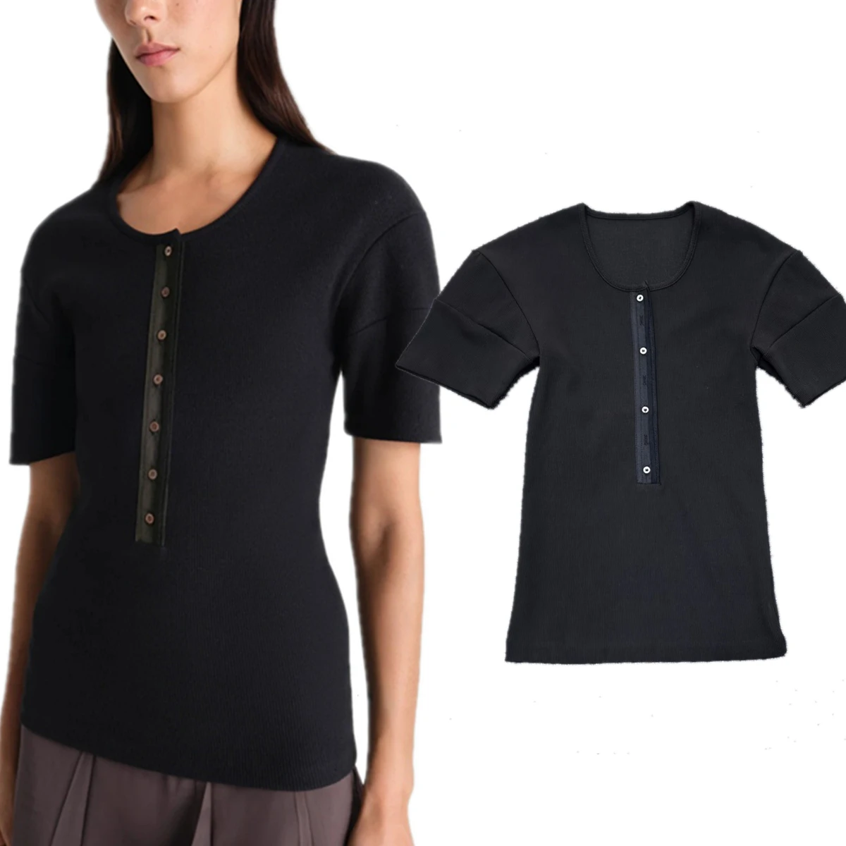 

Maxdutti 2026 Rib Knitted T-shirt Woman Clothes Female Clothing Summer 69%Cotton+29%Linen Comfortable Round Neck T-shirt Women