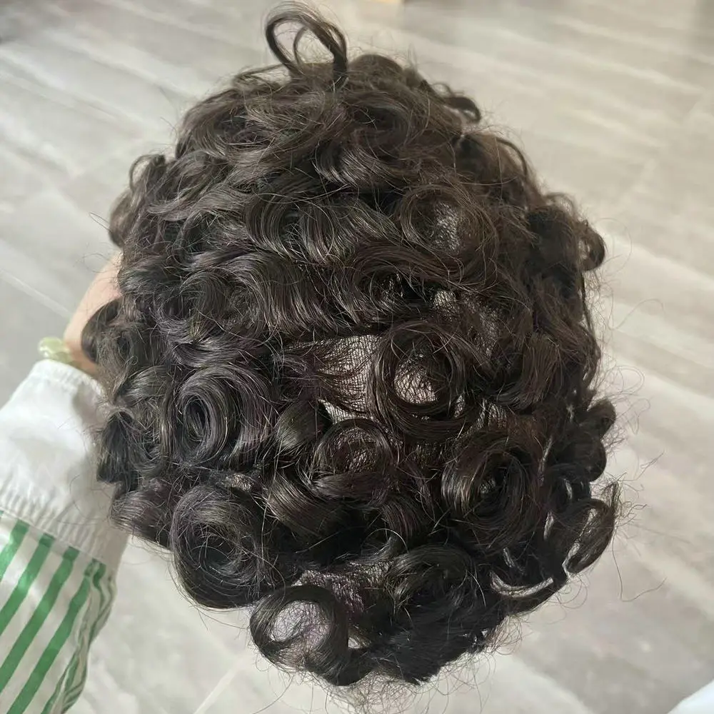 28mm Lockige Welle 80% Dichte 0,02mm Ultradünne Haut Natürlicher Haaransatz Voll-V-Schleife Herren-Toupet 1B65 Schwarz-Grau Echthaar-Prothese – Detail 4